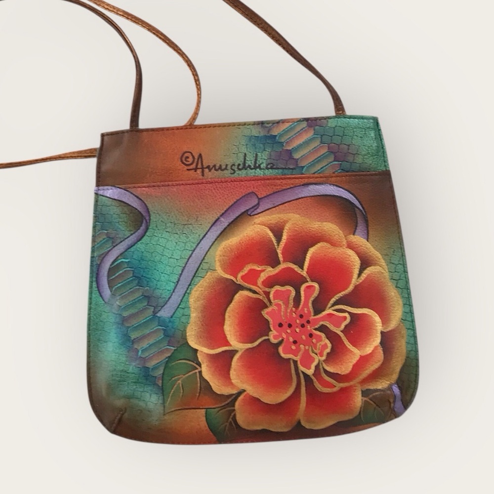 Anuschka Leather Crossbody Purse Floral  Boho Hand-painted Teal Blue & Red - Picture 6 of 10